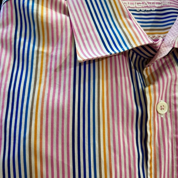 Bugatchi Uomo Men’s Dress Shirt Pink Blue Yellow Stripe Classic Fit Button Up XL - Picture 7 of 15